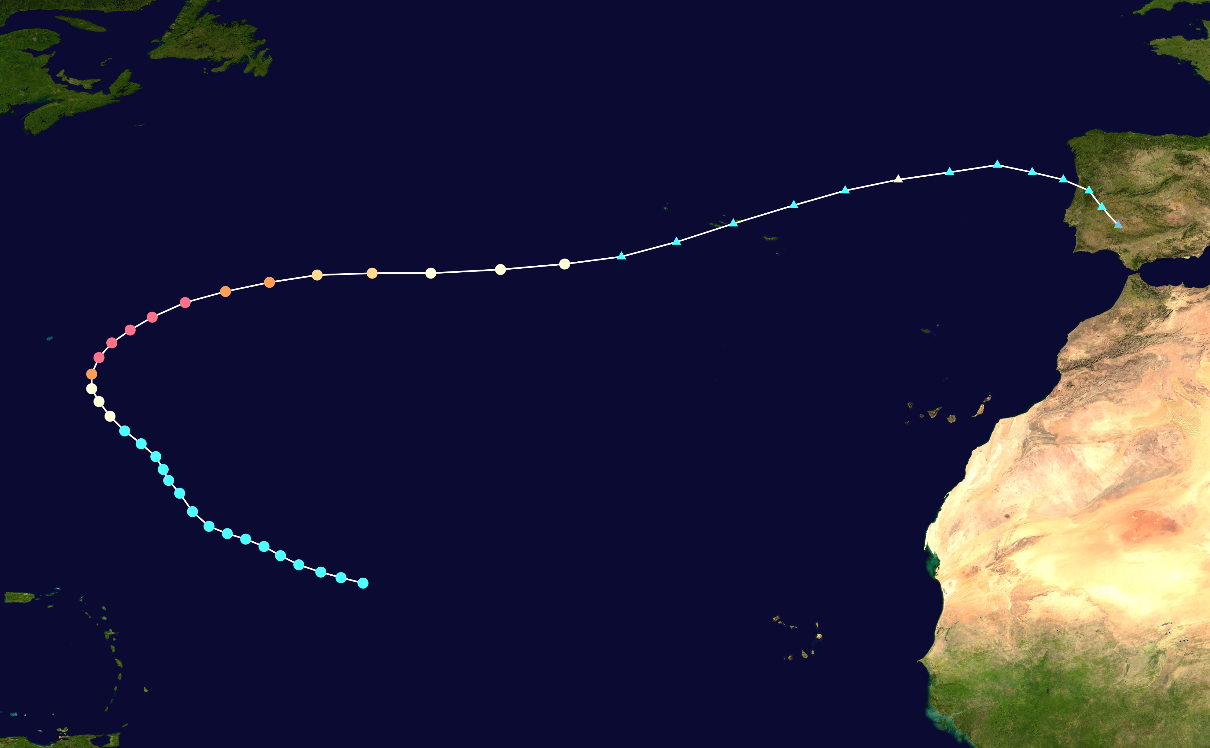 Banekart for orkanen Gabrielle i 2025. Banen går fra Vest-Afrika mot nordvest, når kategori 4, og svinger deretter nordøstover mot Asorene og Europa mens fargen viser lavere vindstyrke.