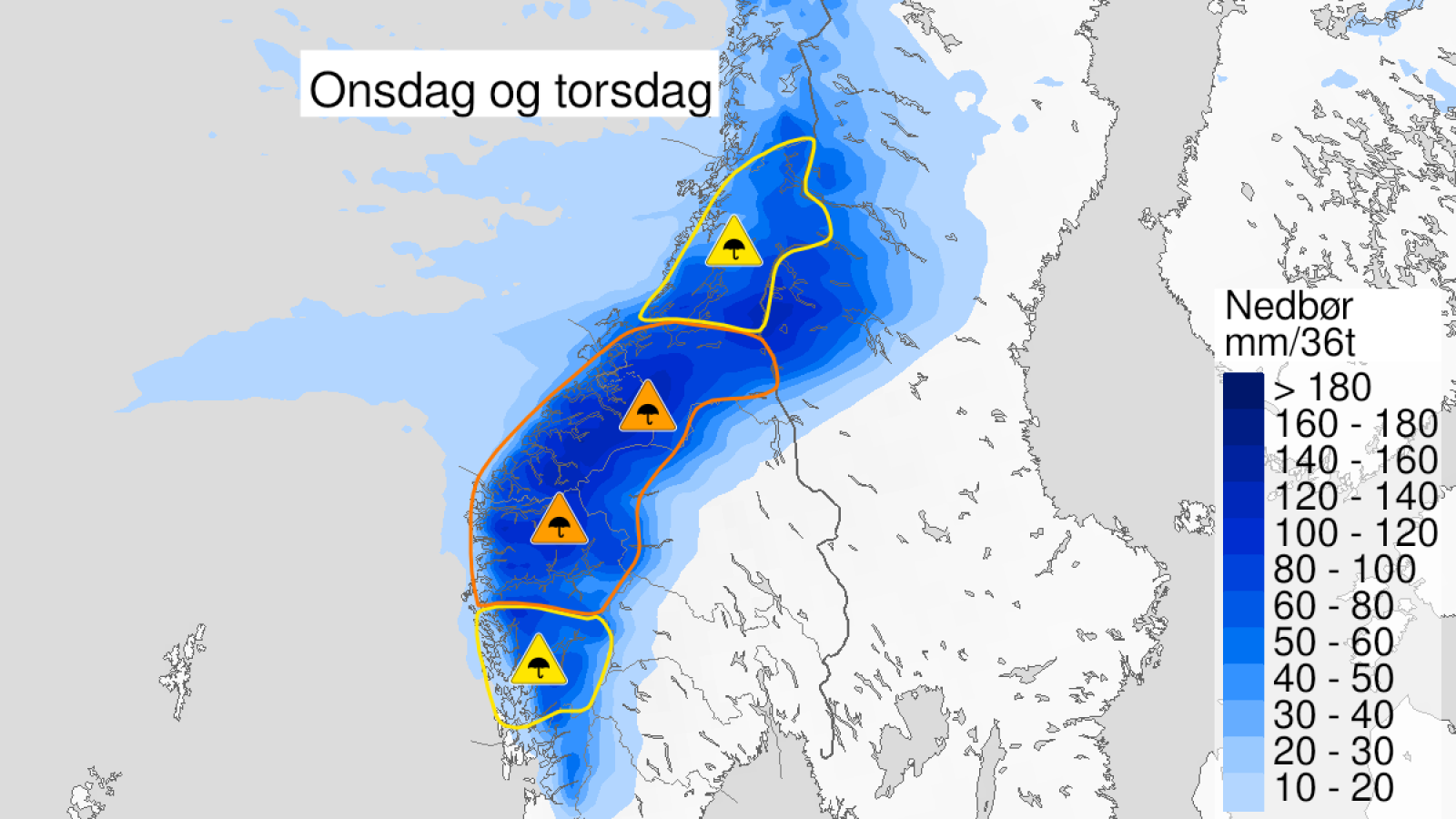 Farevarselkart fra Meteorologisk institutt over Sør-Norge. Trekantvarsler ligger langs Vestlandet og i Trøndelag.