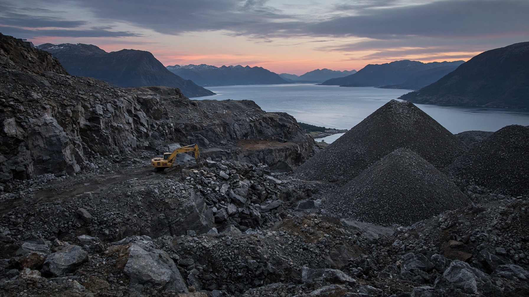 Åpent steinbrudd i gneis med knust stein og fjord i bakgrunnen
