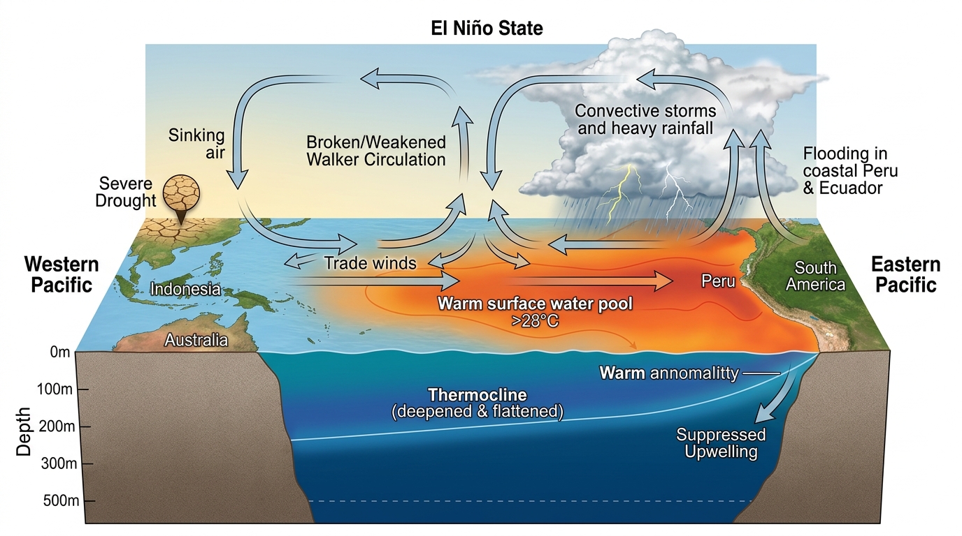 Tverrsnitt av El Niño: svekkede passatvinder, varmt vann østover, flat termoklin i øst, kollaps av oppvellingen ved Peru