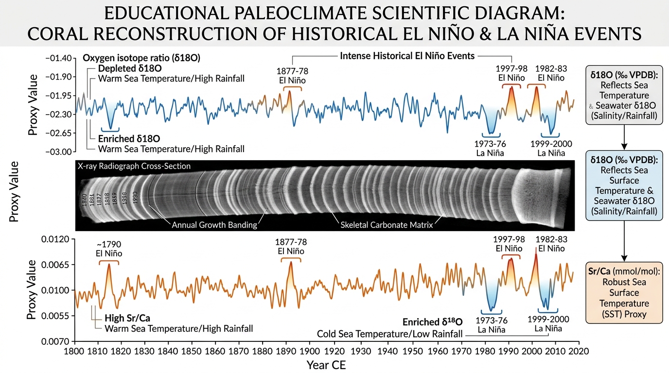 Vitenskapelig diagram av korallkjerne og kjemiske proksydata som viser historiske El Niño og La Niña-episoder