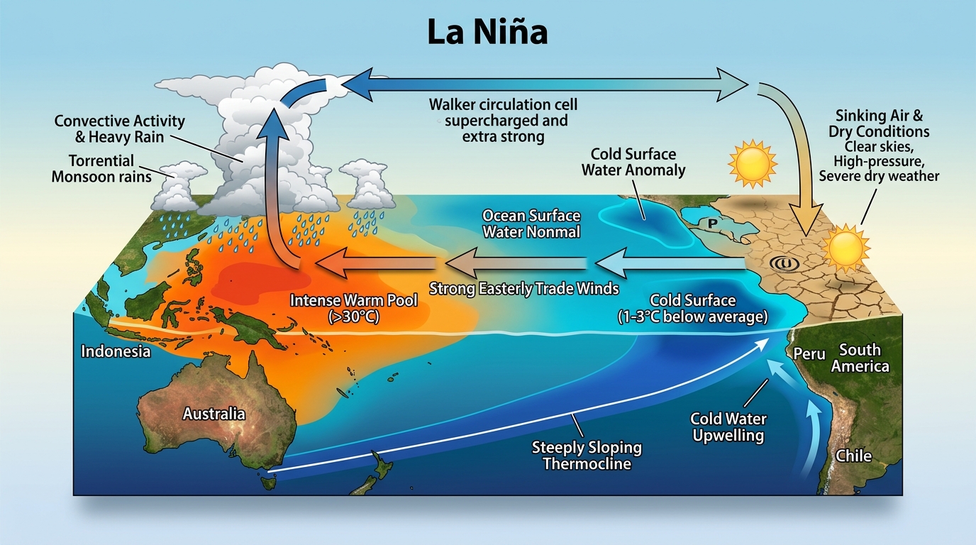 Tverrsnitt av La Niña: ekstra sterke passatvinder, utvidet varmtvannsbaseng i vest, intens oppvelling ved Peru