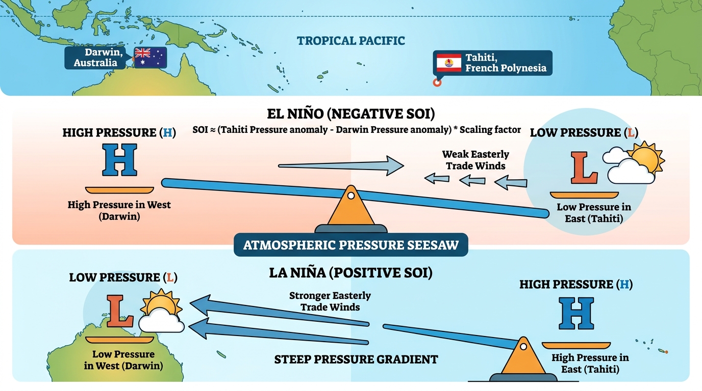 Infografikk som viser den atmosfæriske trykkvippen (SOI) mellom Darwin og Tahiti under El Niño og La Niña