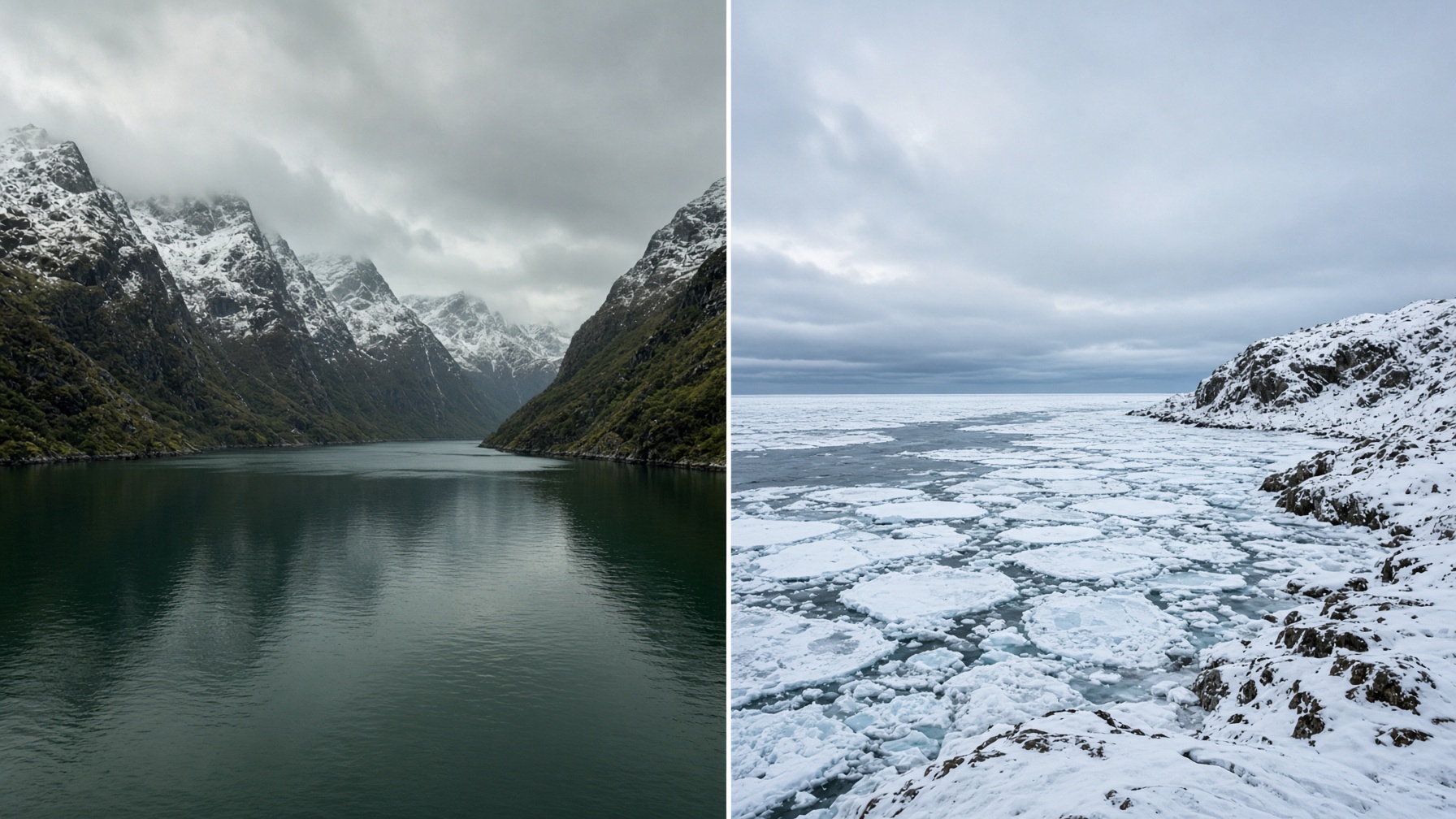 Grønn norsk fjord med åpent vann til venstre, islagt Labrador-kyst til høyre