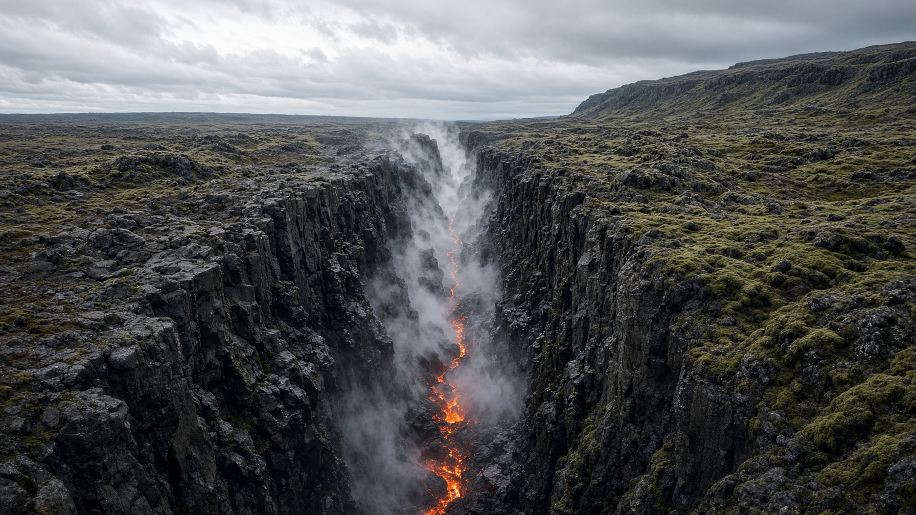 Sprekk i basalt med lava og damp, platene glir fra hverandre