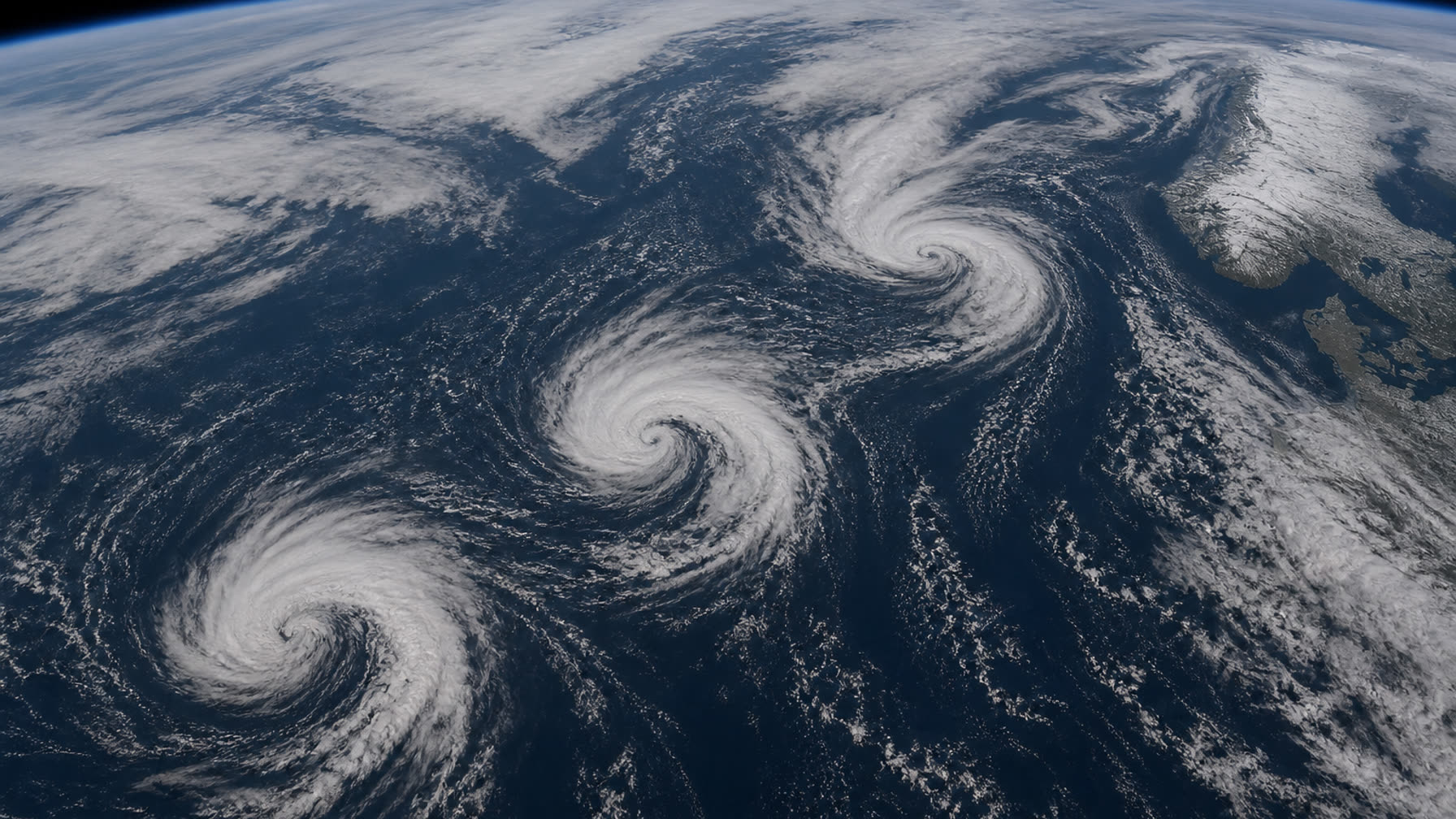 Satellittbilde av Nord-Atlanteren med tre lavtrykksspiraler på rekke mot Skandinavia