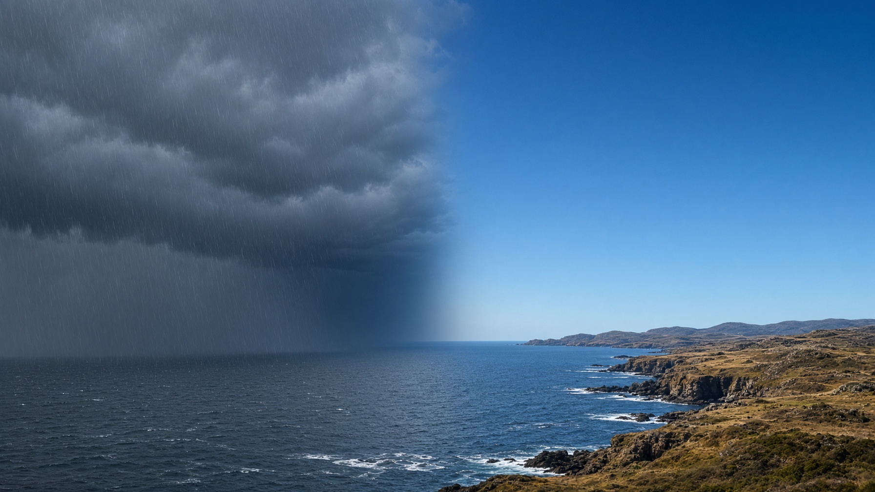 Samme type kyst i to slags vær: storm og klar himmel