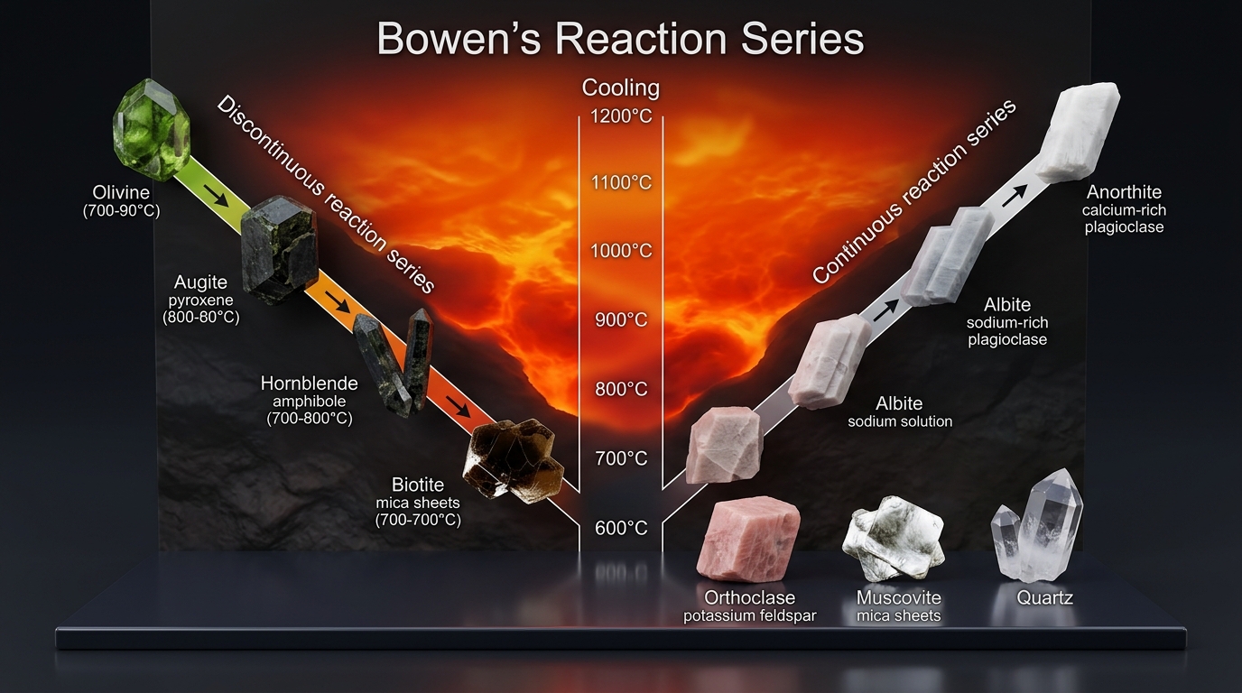 3D-fremstilling av Bowens reaksjonsserie fra 1200 til 600 grader celsius