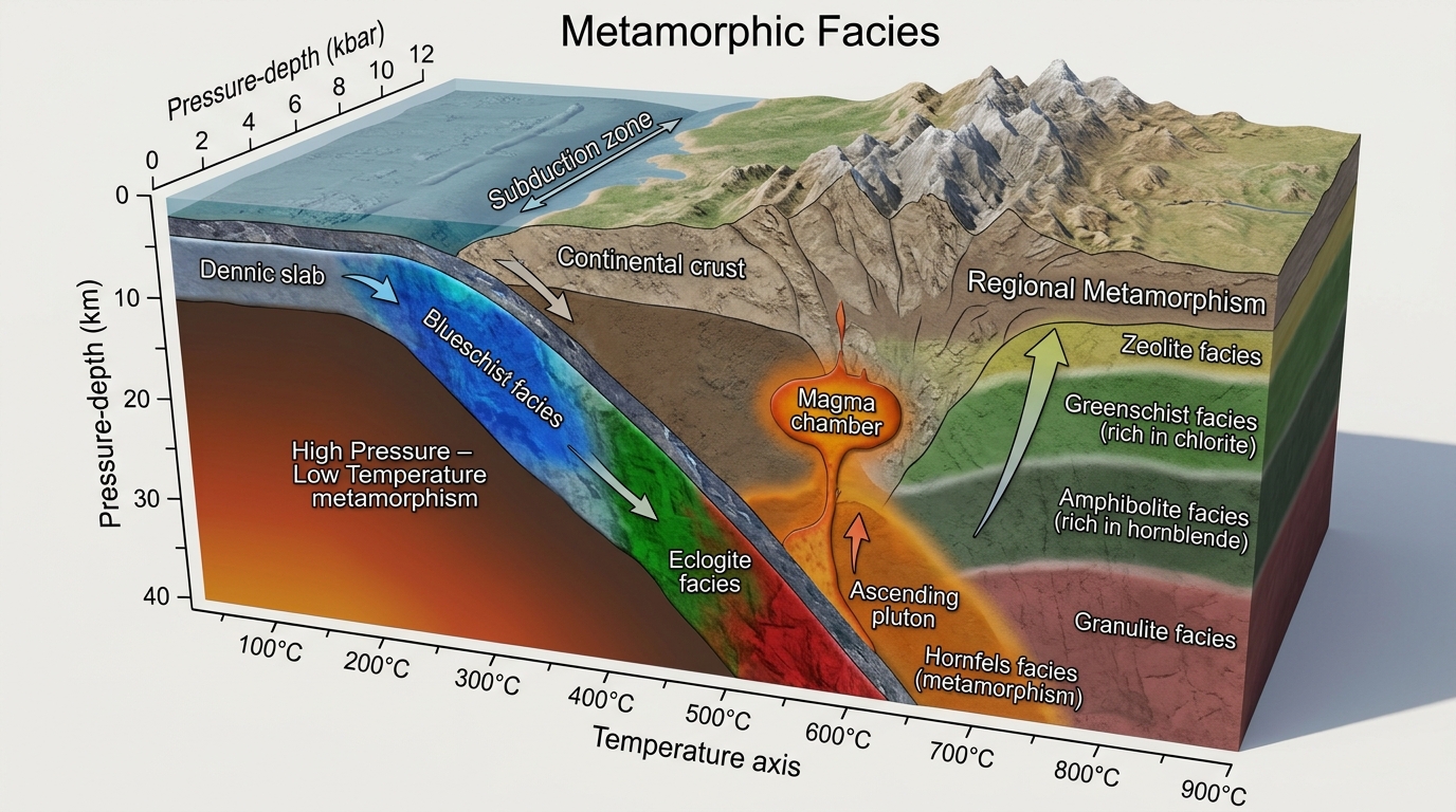 3D-blokkdiagram av metamorfe facies i subduksjonssoner og fjellkjedekollisjoner