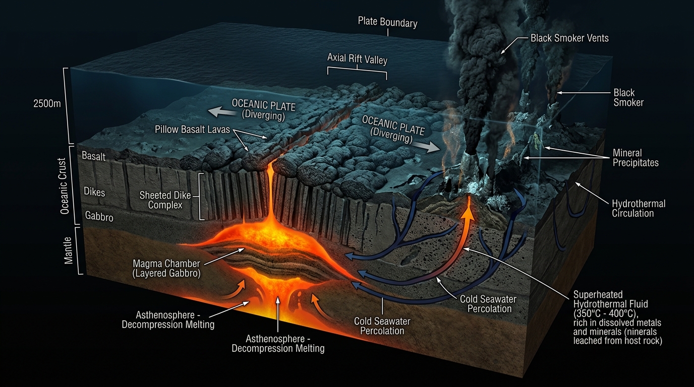 3D-snitt av midthavsrygg med dekompresjonssmelting, aksialt magmakammer, putelava og hydrotermale skorsteiner