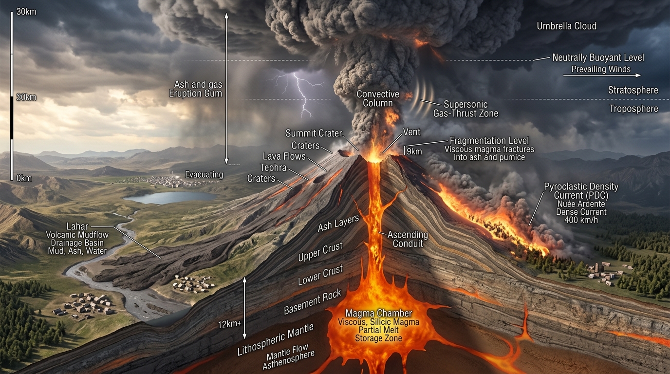 3D-tverrsnitt av pliniansk erupsjon med fragmenteringsnivå, konvektiv søyle, paraplysky, PDC og lahar