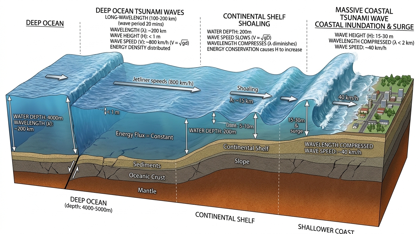 Tsunami fra dyphavsforplantning i 800 km/t til kystoppstuing (shoaling) og tilbaketrekning